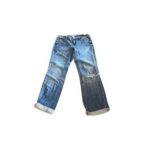 Distressed Blue Wash‎ Denim Jeans Rolled Cuff Womens Casual Fashion